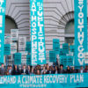 A protest by Youth v Gov with banners: We demand a climate recovery plan - Let the youth be heard - Atmosphere is a public trust